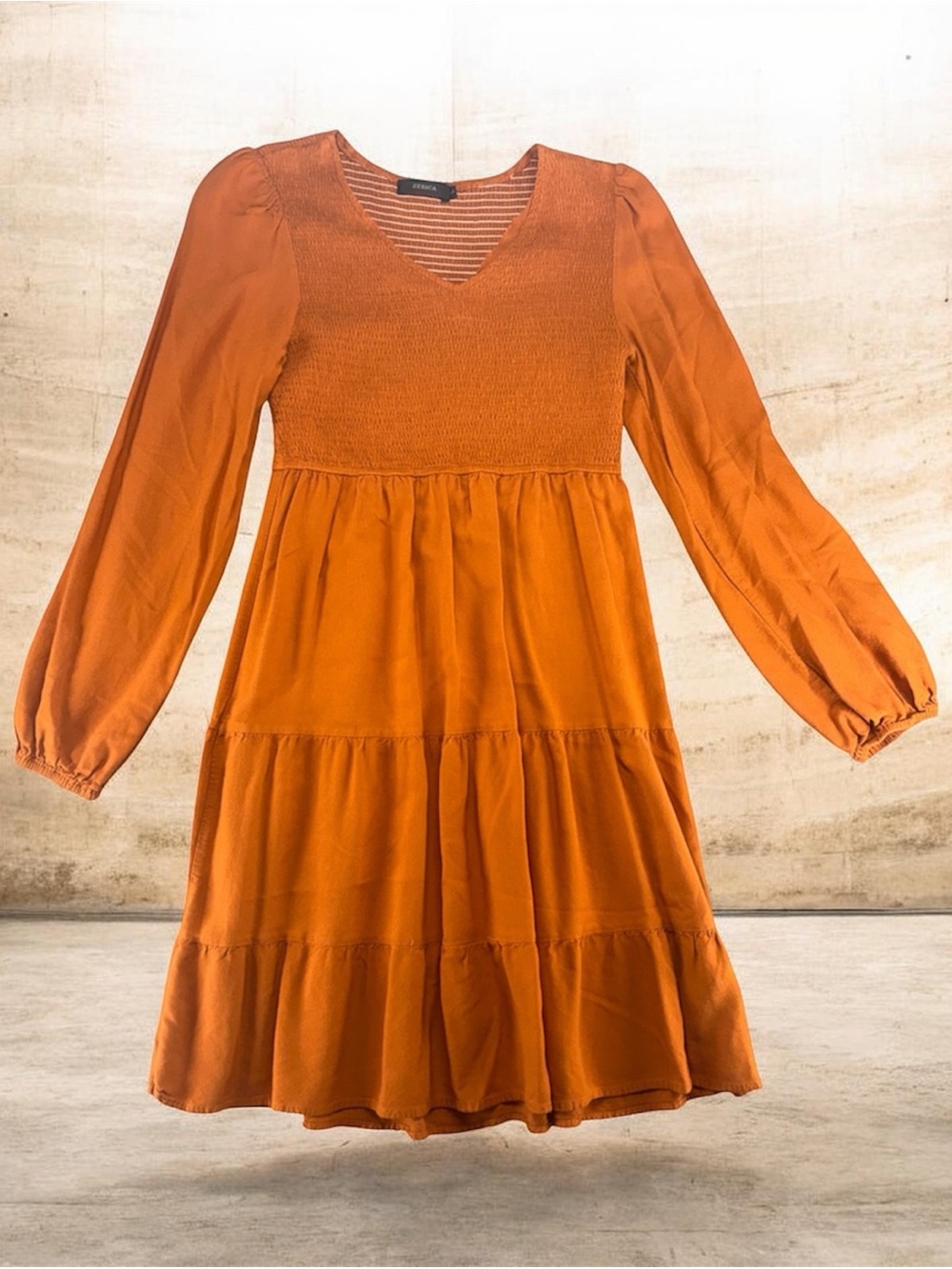 Zesica Rust Orange Long-Sleeve Smocked Tiered Dress Size L